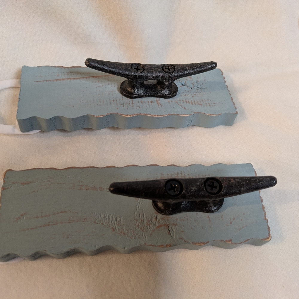 Wall Hooks Cast Iron Nautical Beach  Summer Decor Boat Green Wood Set of 2